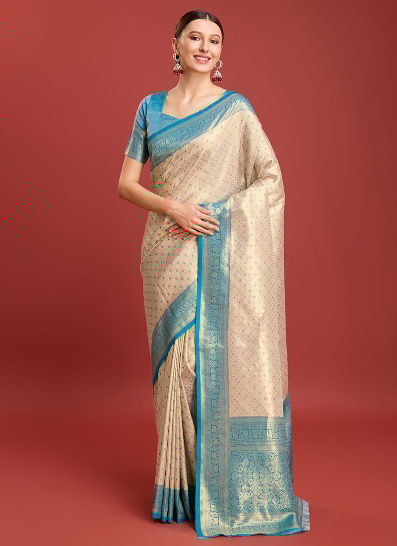Kanchipuram Silk Zari Woven Traditional Saree With Contrast Sky Blue Blouse