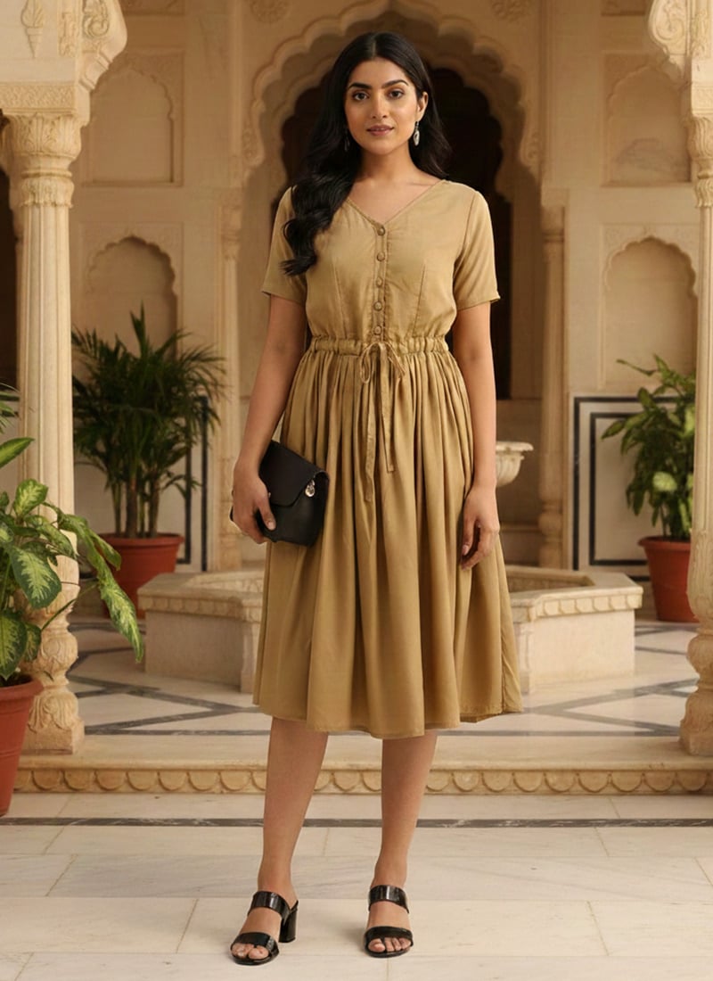 Khaki Modal V Neck Dress