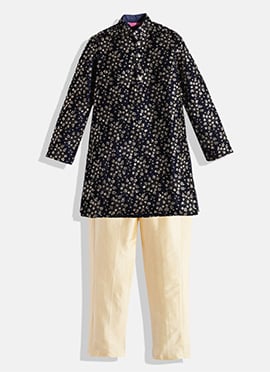 Kids Boys Beige N Blue Embroidered Kurta Set