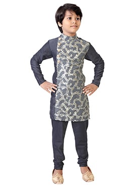 Kids Boys Blue Embroidered Net Kurta Pyjama