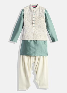 Kids Boys Green Tafetta Kurta N White Embroidered