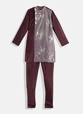 Kids Boys Mauve Embroidered Net Kurta Pyjama