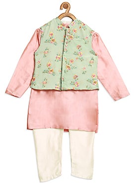 Kids Boys Pink Tafetta Kurta N Blue Embroidered Ba