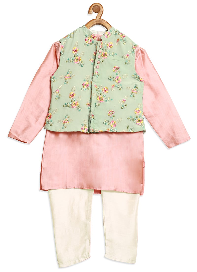 Kids Boys Pink Tafetta Kurta N Blue Embroidered Ba