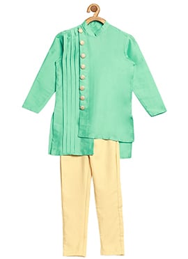 Kids Boys Turquoise Taffeta Pleated Style Kurta Py