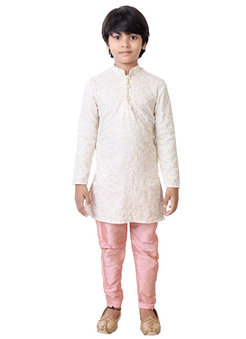 Kids Boys White N Peach Embroidered Kurta Set