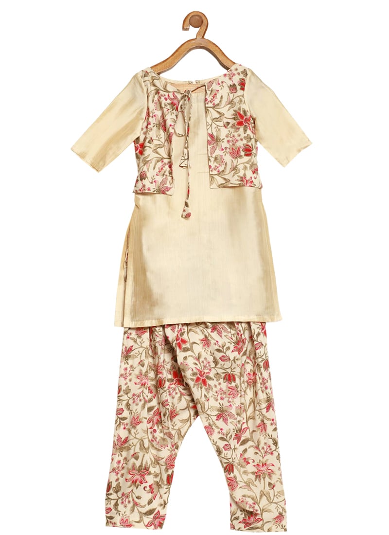Kids Girls Beige Printed Kurta Salwar Set