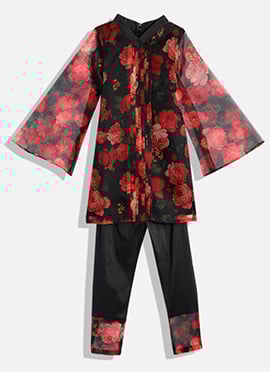 Kids Girls Black Digital Printed Organza Kurta Set