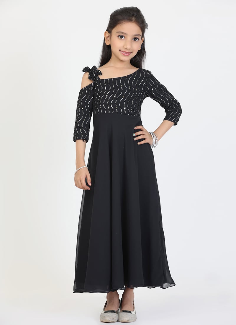 Kids Girls Black Georgette Sequins One Shoulder Style Gown