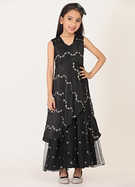 Kids Girls Black Viscose Embroidered Layered Gown