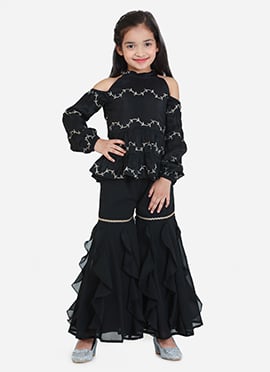 Kids Girls Black Viscose Embroidered N Georgette Gharara Set