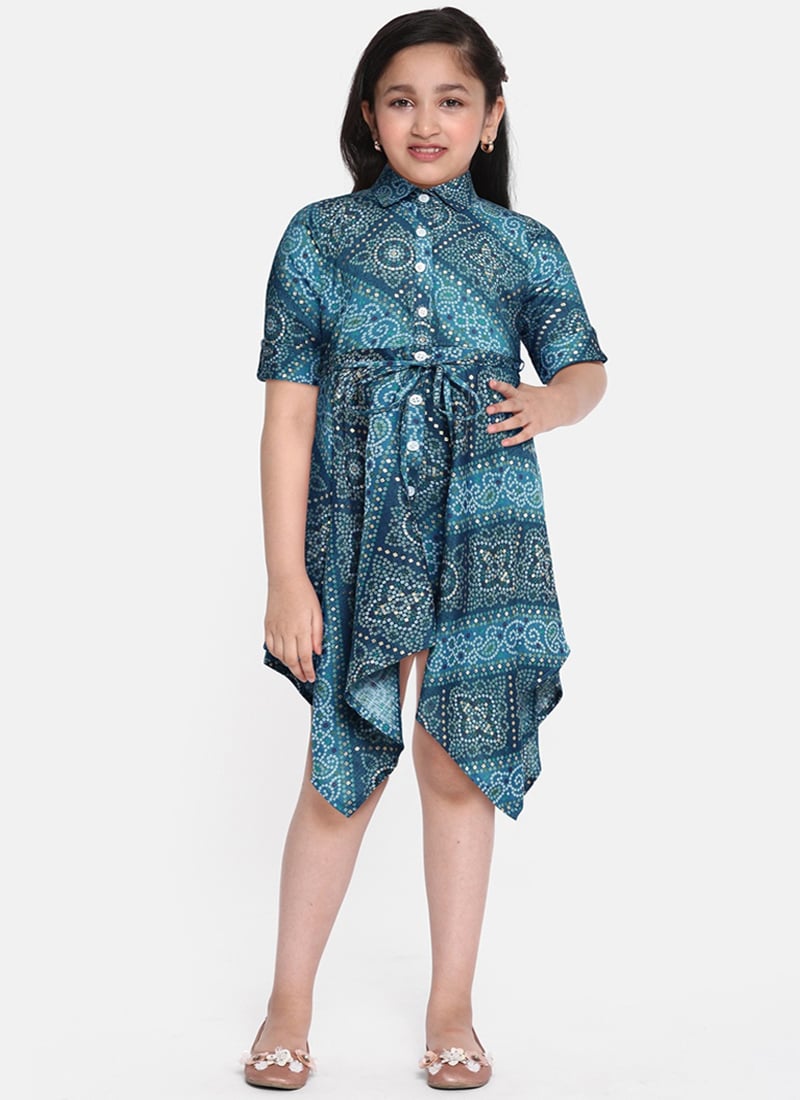 Kids Girls Blue Chanderi Art Silk Handkerchief Style Dress