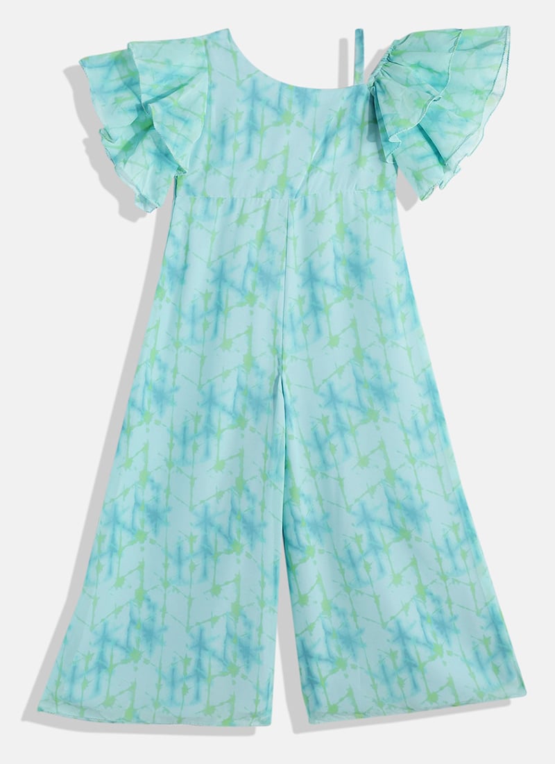 Kids Girls Blue Digital Printed Georgette Jumpsuit