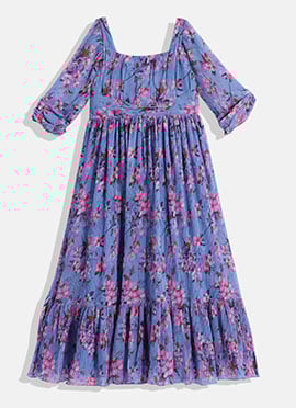 Kids Girls Blue Digital Printed Georgette Pleated Gown