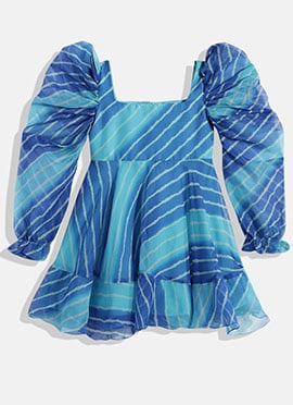 Kids Girls Blue Digital Printed Organza Dress