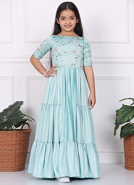 Kids Girls Blue Embroidered Art Silk Tiered Gown