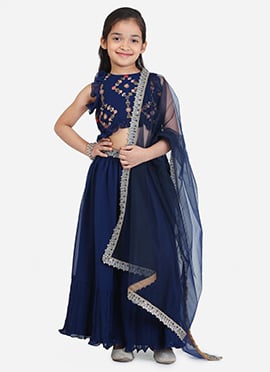 Kids Girls Blue Embroidered Georgette Pleated Lehenga Set