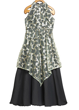 Kids Girls Blue Embroidered Net Handkerchief Style