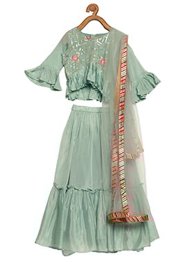 Kids Girls Blue Embroidered Tired Lehenga Set