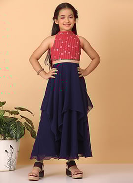 Kids Girls Blue N Dark Pink Embroidered Handkerchief Gown