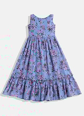 Kids Girls Blue N Pink Digital Printed Georgette Tiered Dress