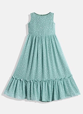 Kids Girls Blue N White Digital Printed Georgette Tiered Dress