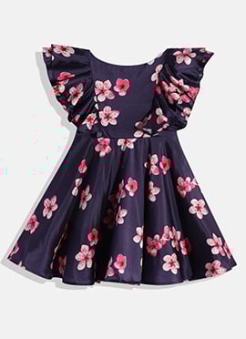Kids Girls Blue Printed Art Silk Ruffled Dress