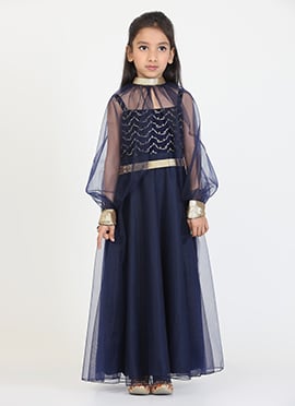 Kids Girls Blue Velvet Embroidered Dress With Cape