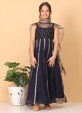 Kids Girls Blue Velvet Embroidered Gown With Dupatta