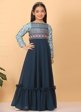 Kids Girls Cream Blue Embroidered N Teal Blue Georgette Gown