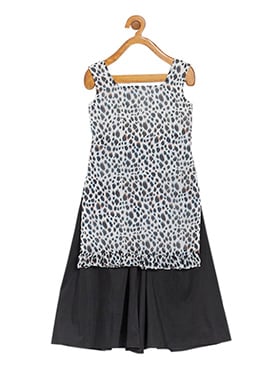 Kids Girls Cream N Black Digital Print Kurta Set
