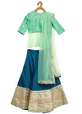 Kids Girls Crystel Teal Blue N Green Sequin Embroidered Lehenga