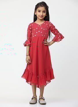 Kids Girls Dark Pink Embroidered Asymmetrical Dress
