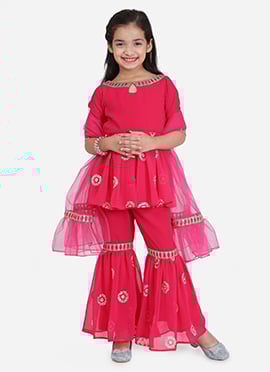 Kids Girls Dark Pink Georgette Embroidered Gharara Suit Set