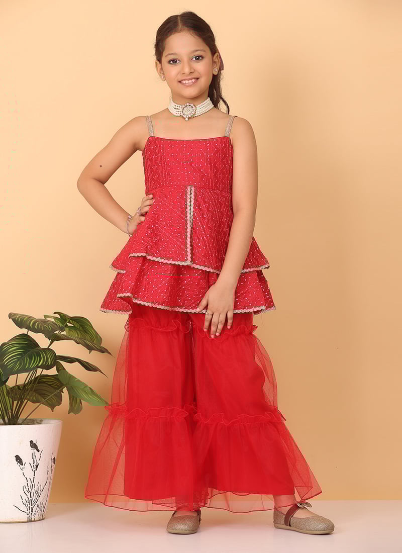 Kids Girls Dark Red Chanderi Cotton Embroidered Sharara Set Festive Wear