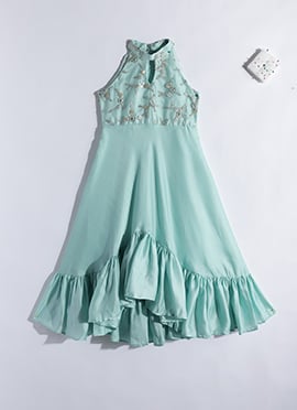 Kids Girls Dusty Blue N Green Halter Neck Asymmetrical Gown
