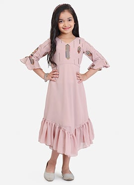 Kids Girls Dusty Pink Embroidered Asymmetrical Dress