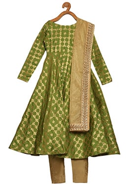 Kids Girls Full Sleeve Green Brocade Anarkali Suit