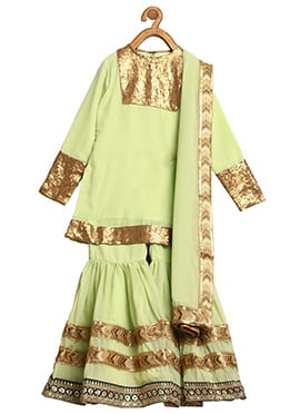Kids Girls Gathered Flare Green Embroidered Gharara Suit