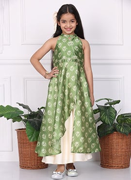 Kids Girls Green Art Silk Digital Printed Halter Neck Dress