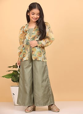 Kids Girls Green Art Silk Jumpsuit N Yellow Organza Jacket