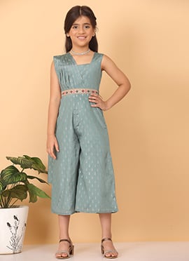 Kids Girls Green Chinon Foil Print Draped Style Jumpsuit