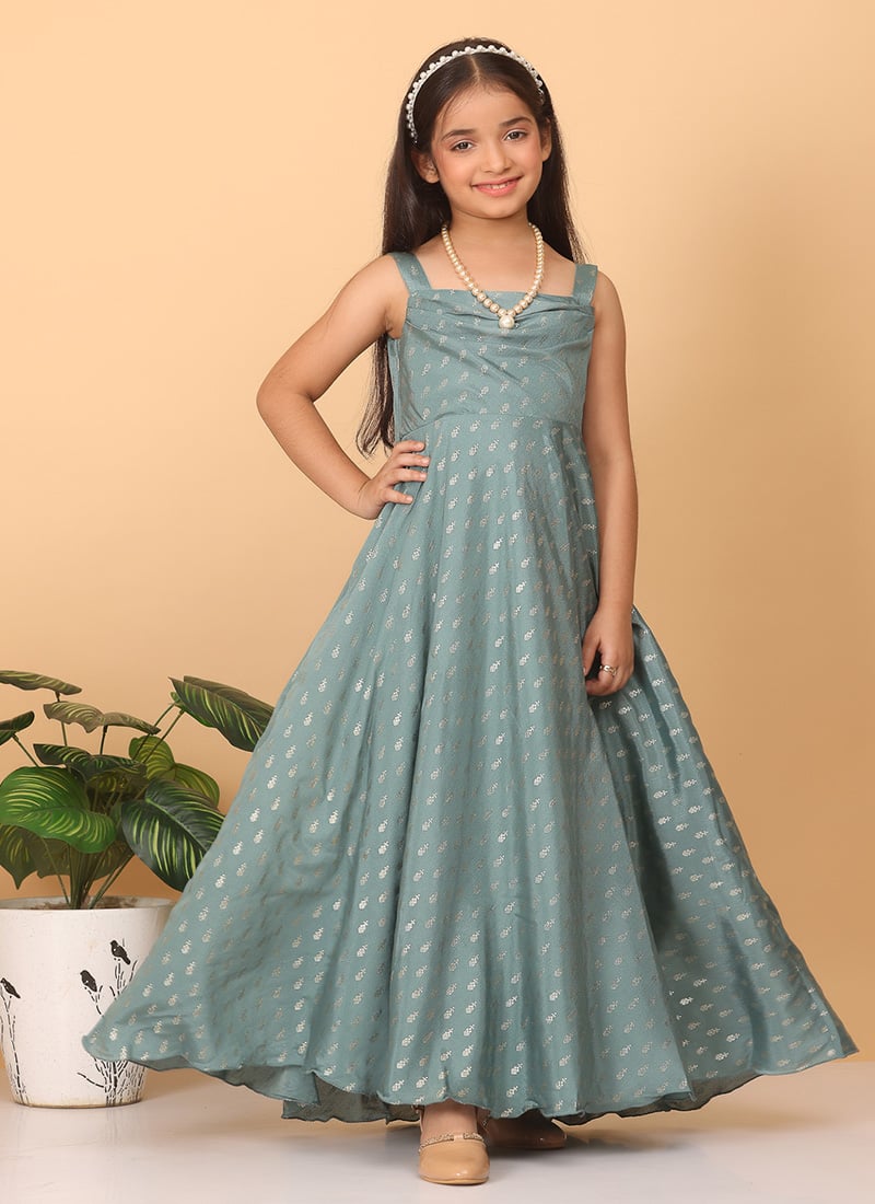 Kids Girls Green Chinon Foil Printed Dress Festive Wear
