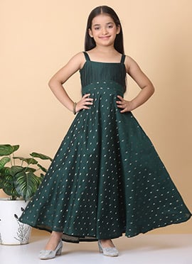 Kids Girls Green Cotton Jacquard Maxi Dress