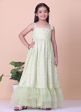 Kids Girls Green Cotton Sequins Embroidered Gown