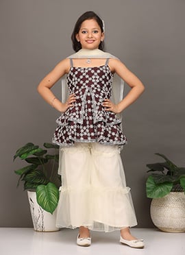 Kids Girls Dark Wine Muslin Sequins N Off White Sharara Set