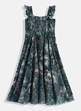 Kids Girls Green Digital Printed Georgette Gown