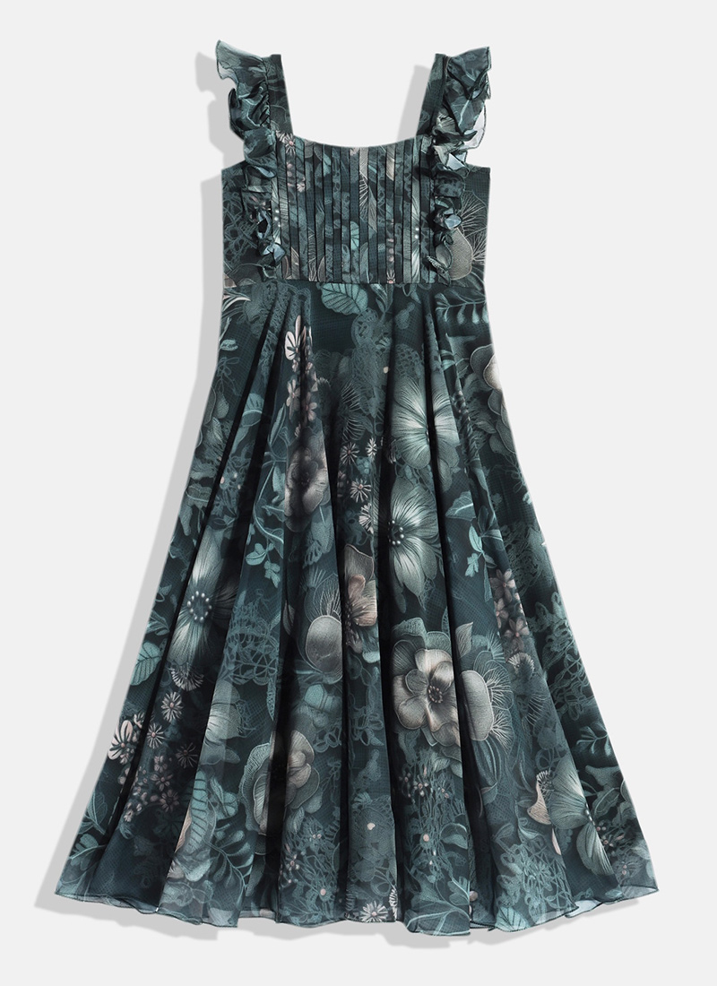 Kids Girls Green Digital Printed Georgette Gown Festive Wear