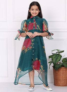 Kids Girls Green Digital Printed Organza High N Low Dress