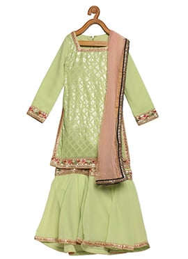 Kids Girls Green Ebroidered Square Neck Sharara suit